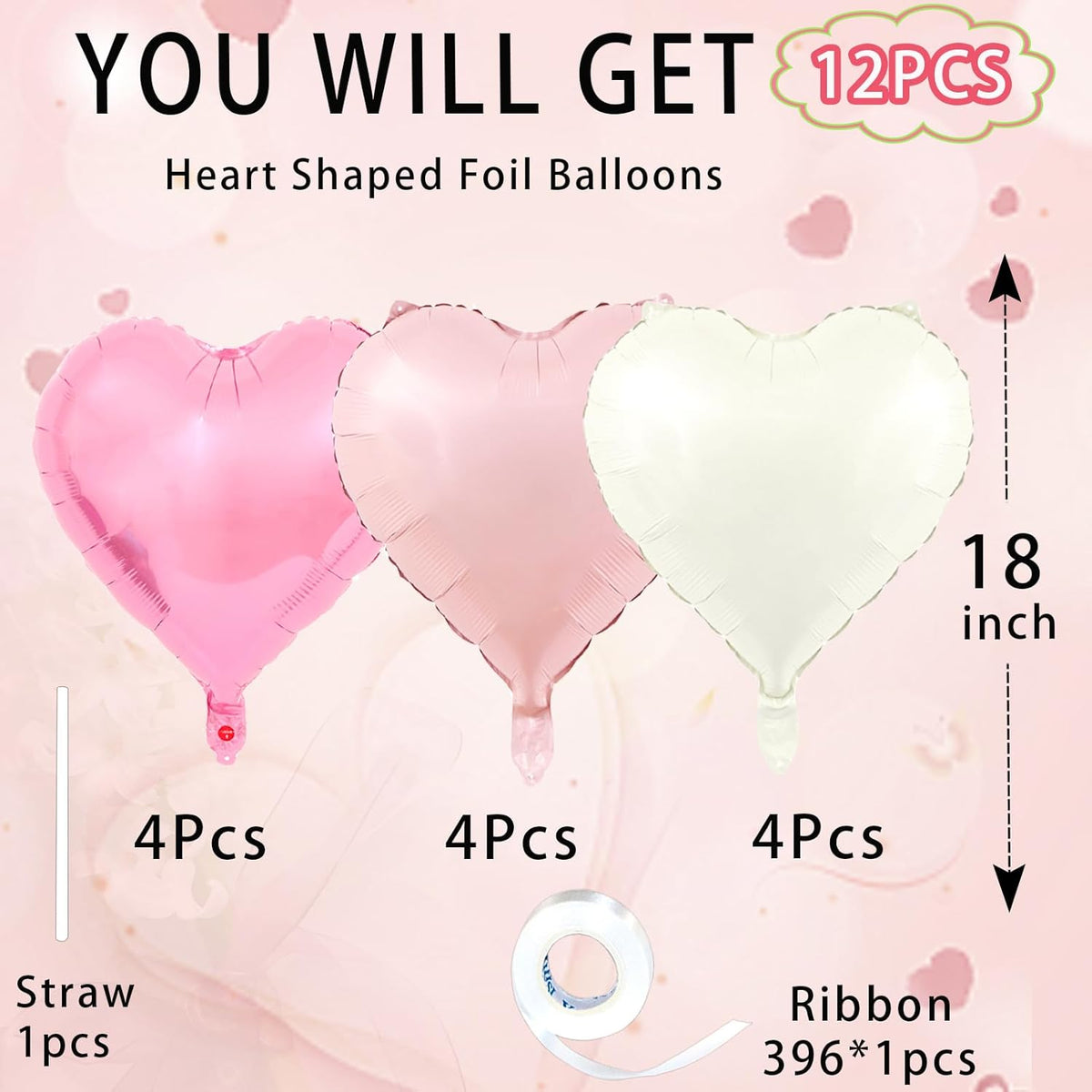Pink Heart Balloons,18inch Bright Pink Heart Shaped Foil Balloons & Pastel White Helium Mylar