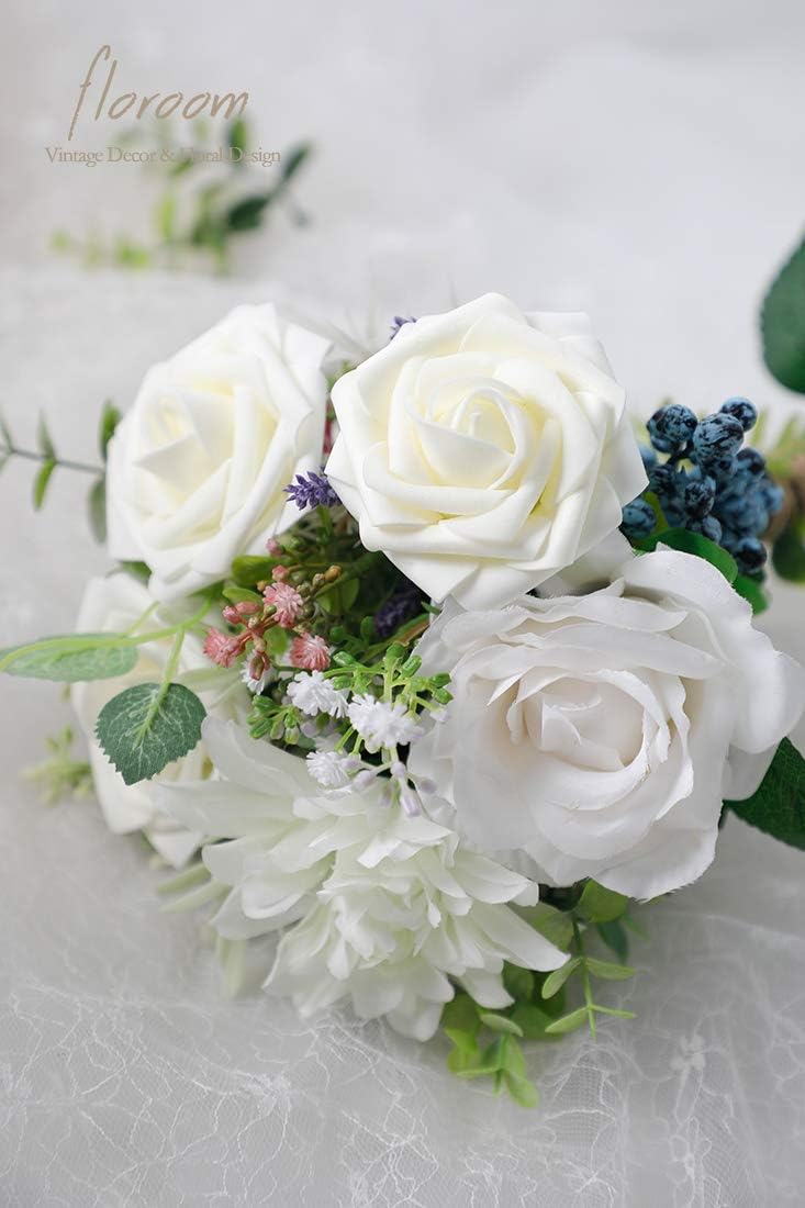 Floroom Artificial Flowers 50pcs Real Looking Ivory Foam Fake Roses with Stems for DIY Wedding