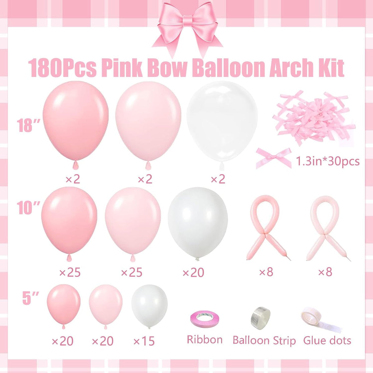 Pink Bow Balloons Garland Arch Kit,180Pcs Pink and White Balloons with Clear Balloon Wrap Bows for
