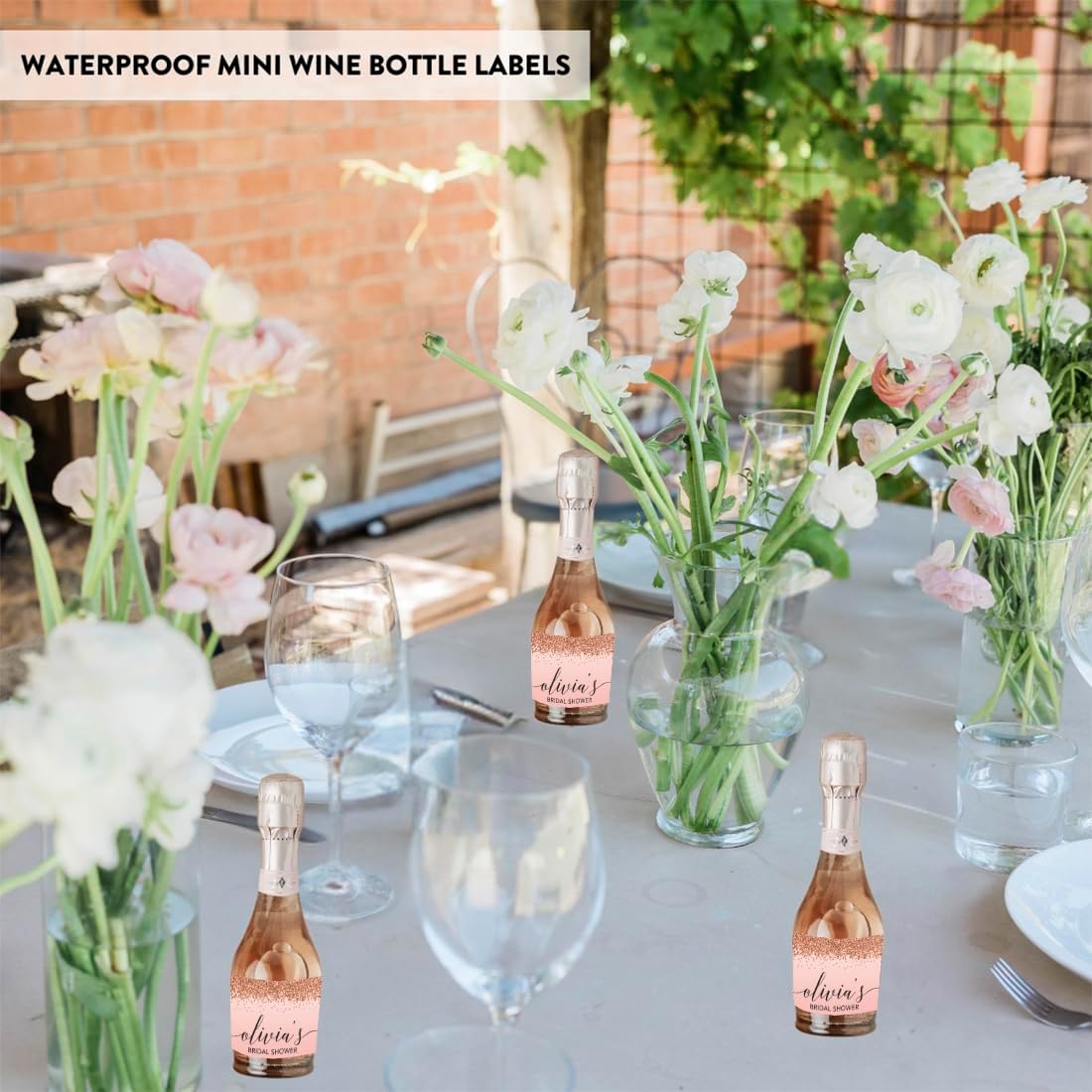Andaz Press Personalized Mini Wine Bottle Labels, Bridal Shower, Blush Pink Faux Rose Gold Glitter