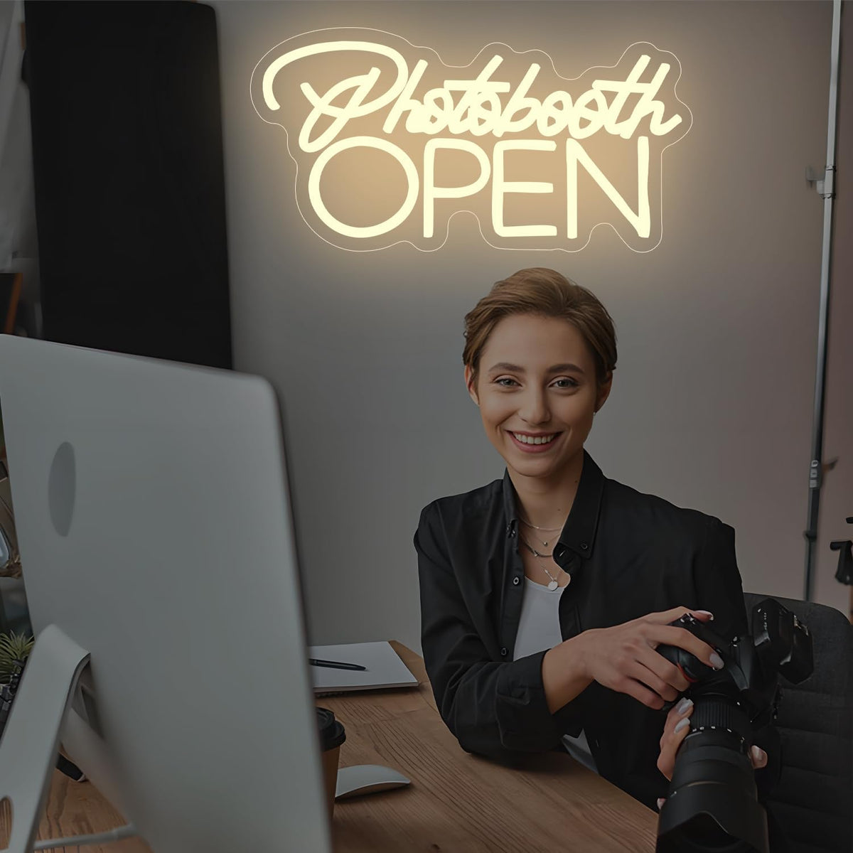 PhotoBooth Neon Sign for Wall Decor Dimmable Photobooth Neon light with USB Open Neon Light Office