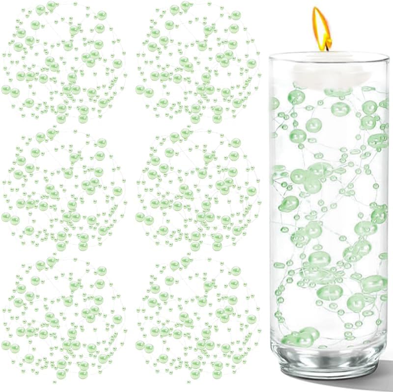 50 PCS Artificial Floating Beads for Centerpieces Vases, Light Green 8+3mm String Beads for Wedding