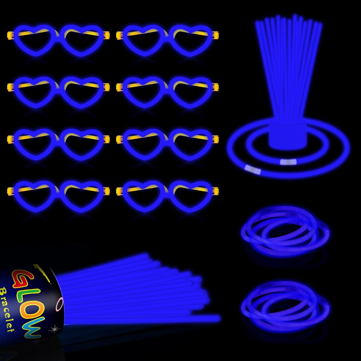 60 Pack 8” Blue Glow Sticks Bulk Bright Glow Sticks with 60 Connectors 20 Heart Glasses Glow In The