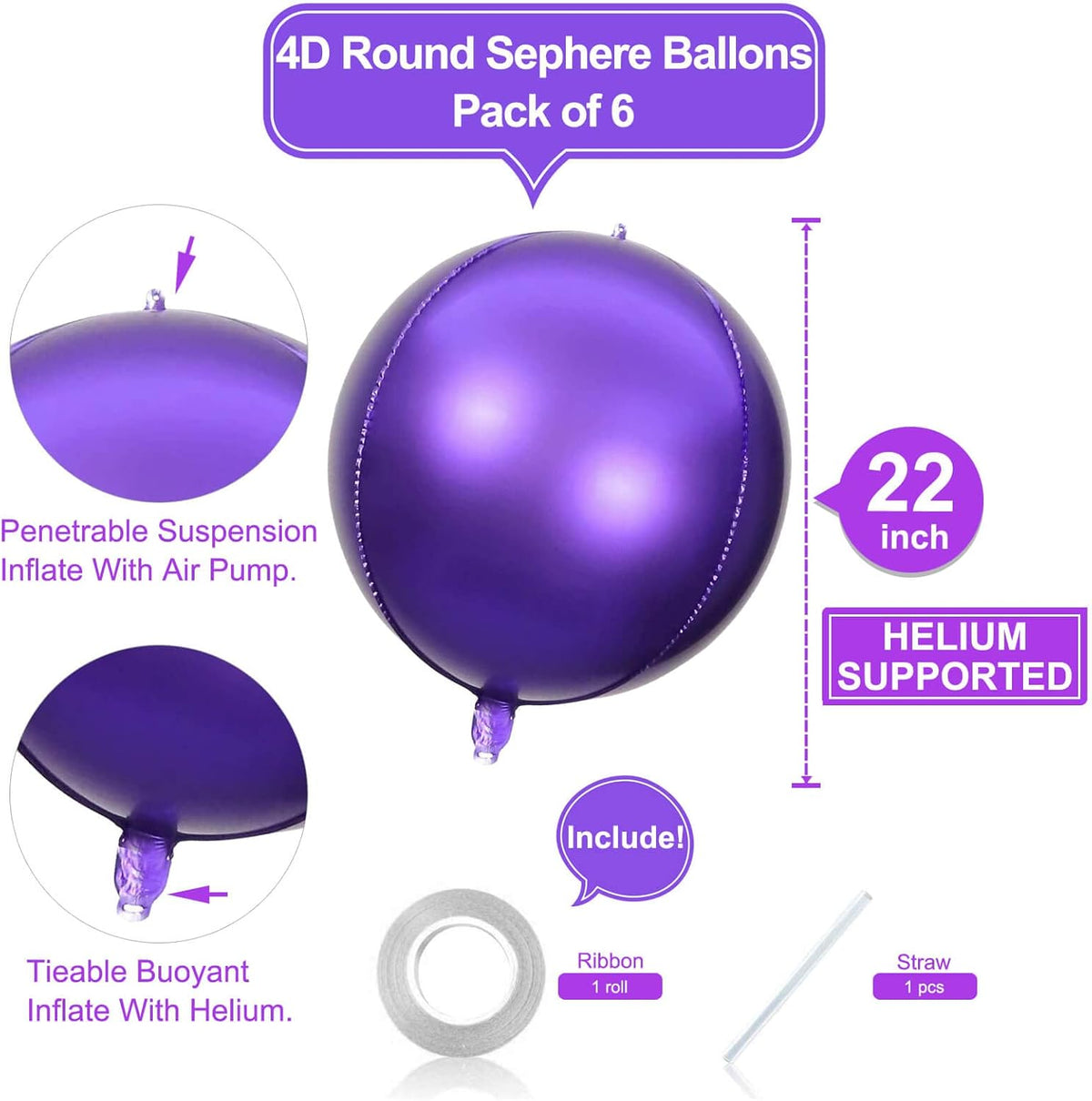 6 Pack 22 Inch 4D Purple Balloons Big Round Foil Balloons Purple Metallic Balloons for Wedding