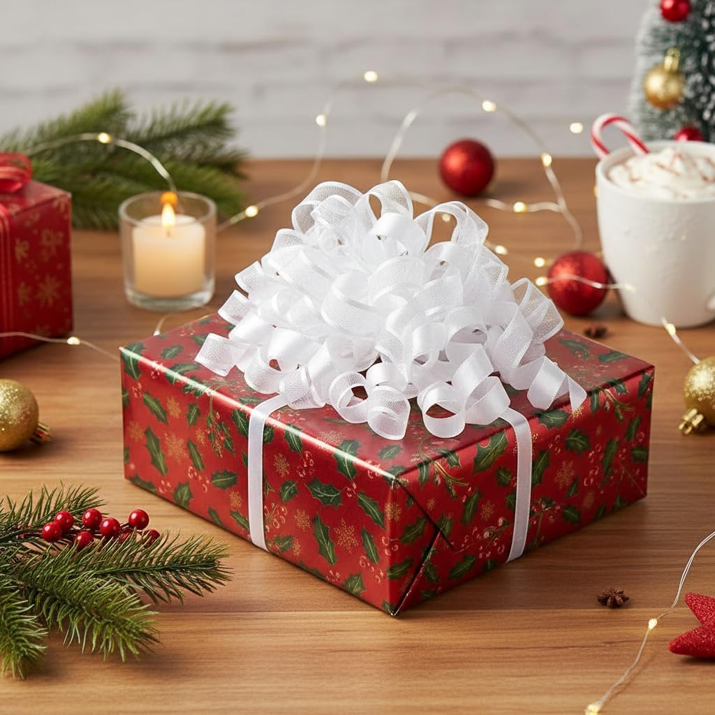 CT CRAFT LLC White Satin and Sheer Curly Ribbon Bow 6" Long x 6 Counts Gift Wrapping Pre-Tied