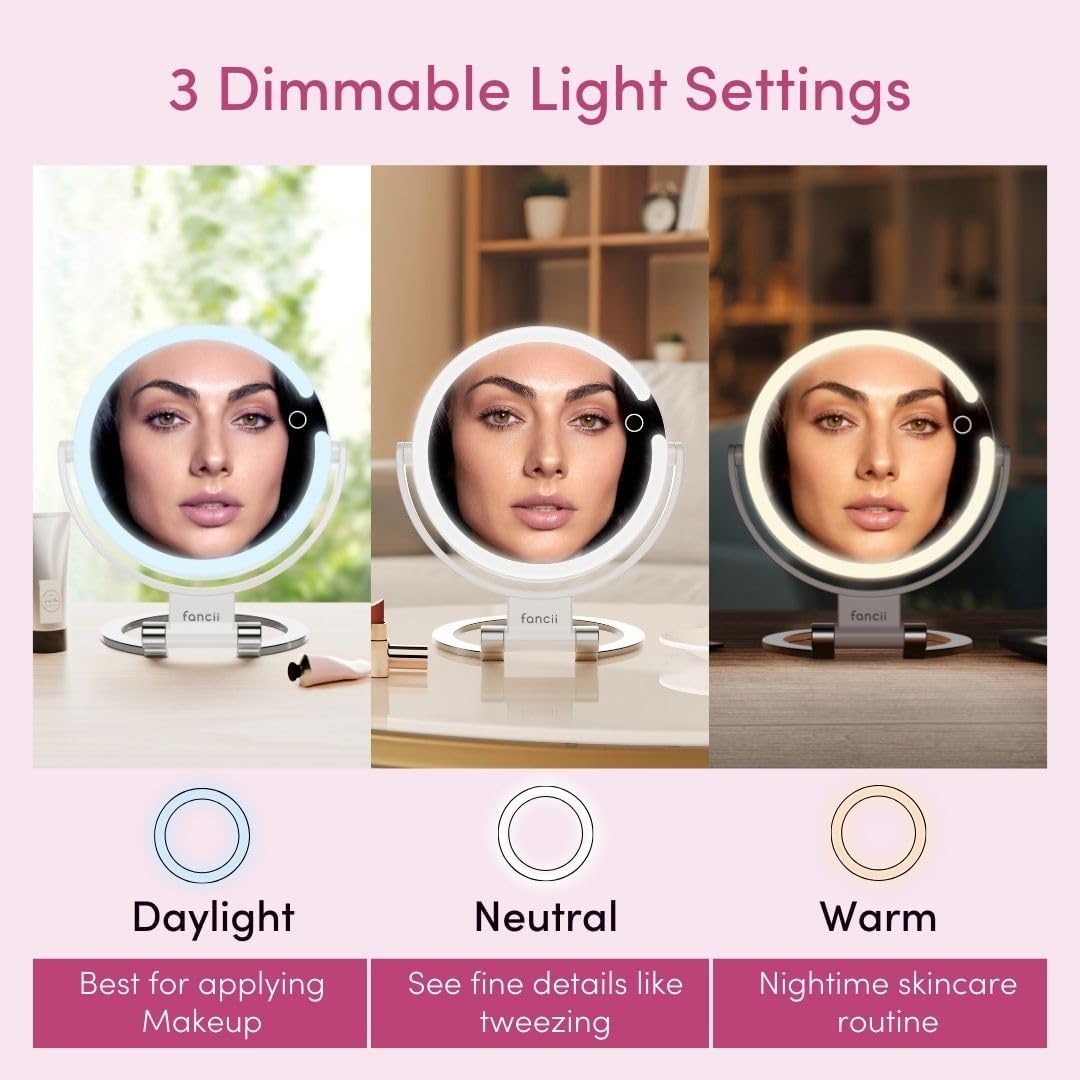 Fancii Travel Magnifying Mirror 10x /1x with Lights, Rechargeable | 9-Inch Extra Large LED Lighted