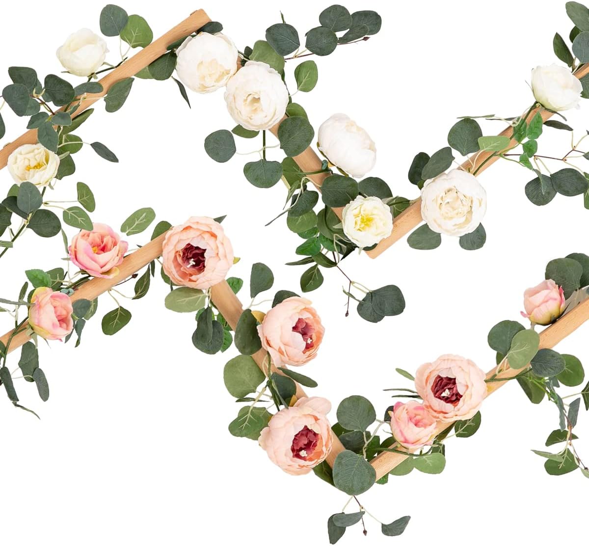 Floweroyal 2 Pack Artificial Flower Garlands 11.2FT Eucalyptus Garlands with Flowers 8 Head Peony