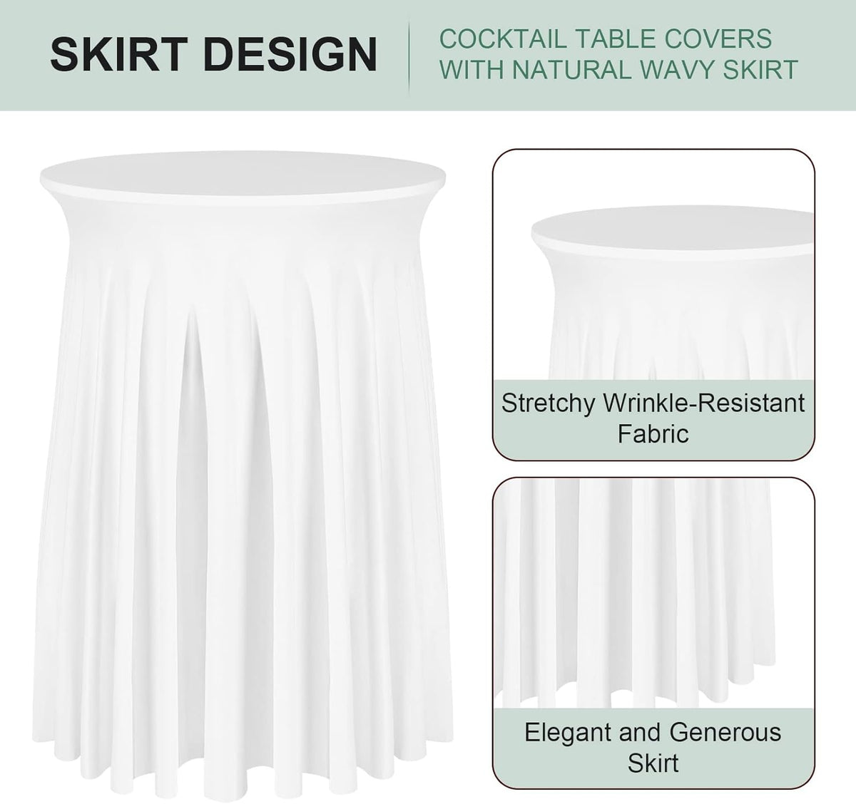 Cocktail Table Covers - 2 Pack 32"x 43" White Cocktail Table Tablecloth with Natural Wavy Round