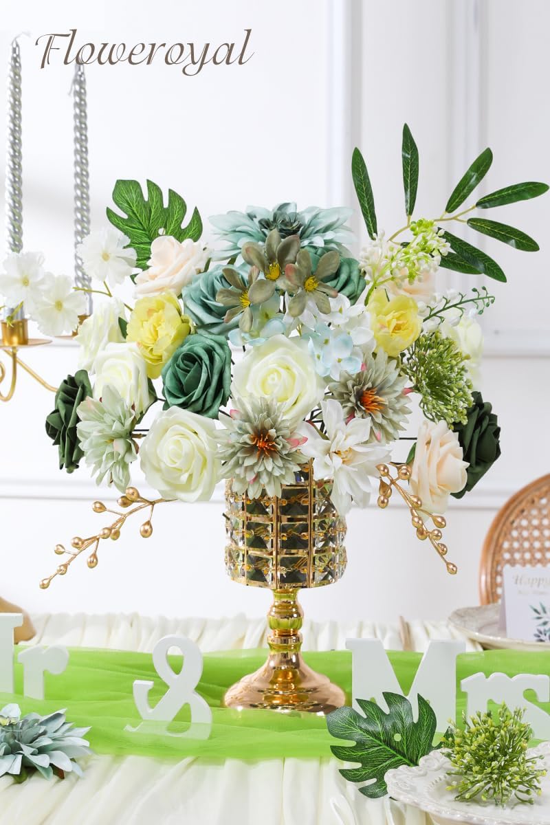 Floweroyal Artificial Flowers Combo Green Flowers Mix Silk Flowers Dahlia Roses with Stems for DIY