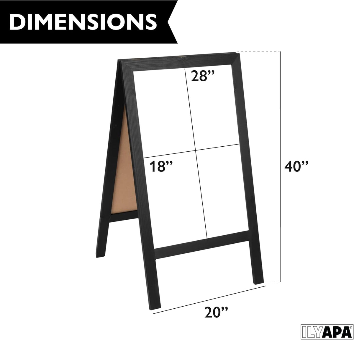Ilyapa Wooden A-Frame Whiteboard Sign - 40 x 20 inch Magnetic Dry Erase Sidewalk Menu Board - Black