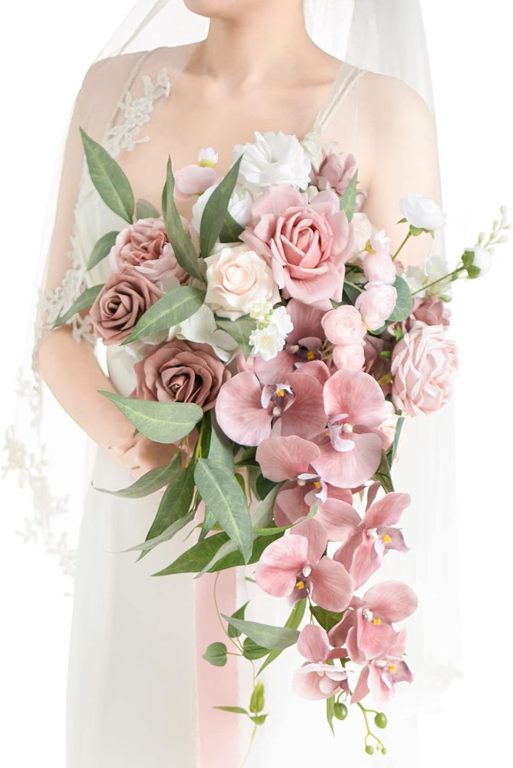 Ling's moment Dusty Rose Bridal Bouquet Cascading, Pink Wedding Bouquets for Bride, 15 Inch Bride