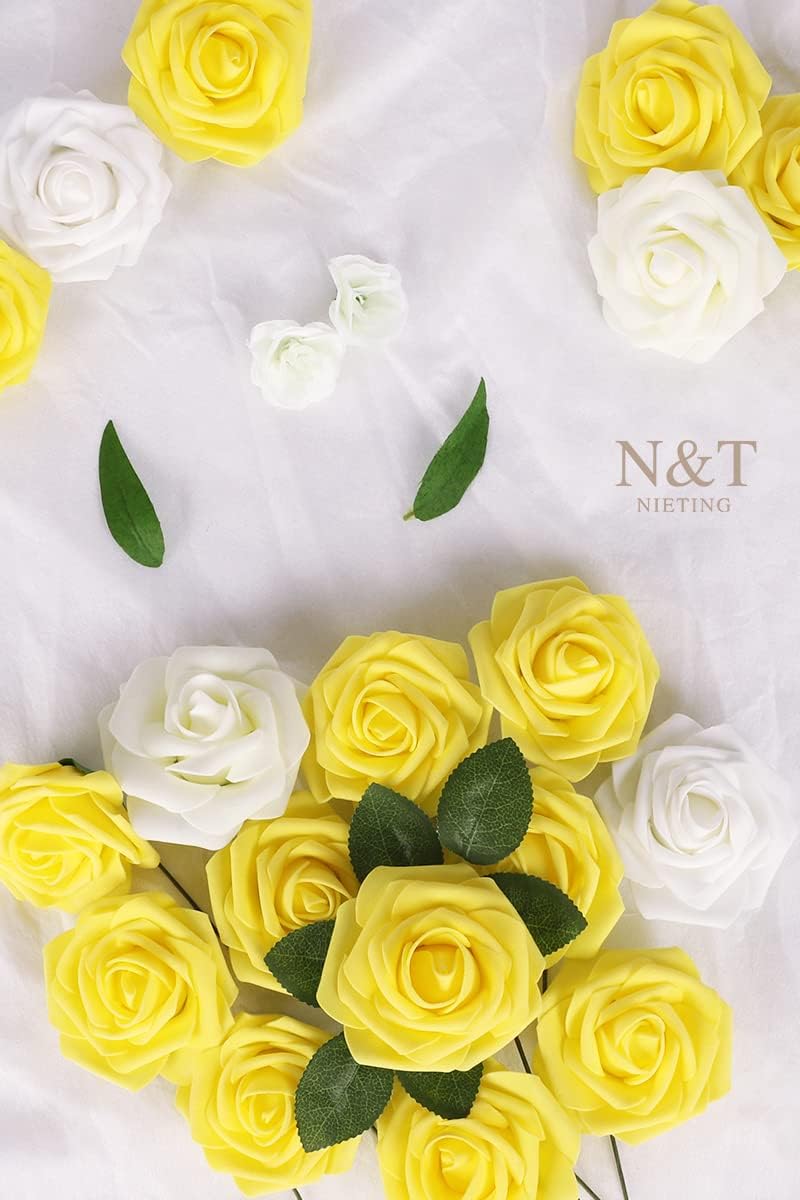 N&T NIETING Artificial Flowers Yellow Roses, 50 Pcs Fake Flowers Foam Roses Perfect for DIY Wedding