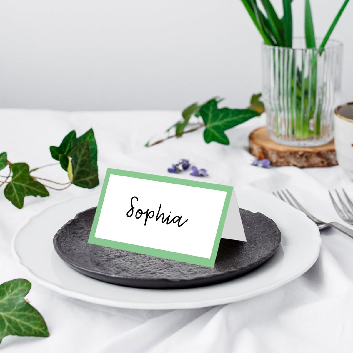 25 Pack Green Border Place Cards, Editable Name Cards for Table Setting, Tent Cards Food Label for