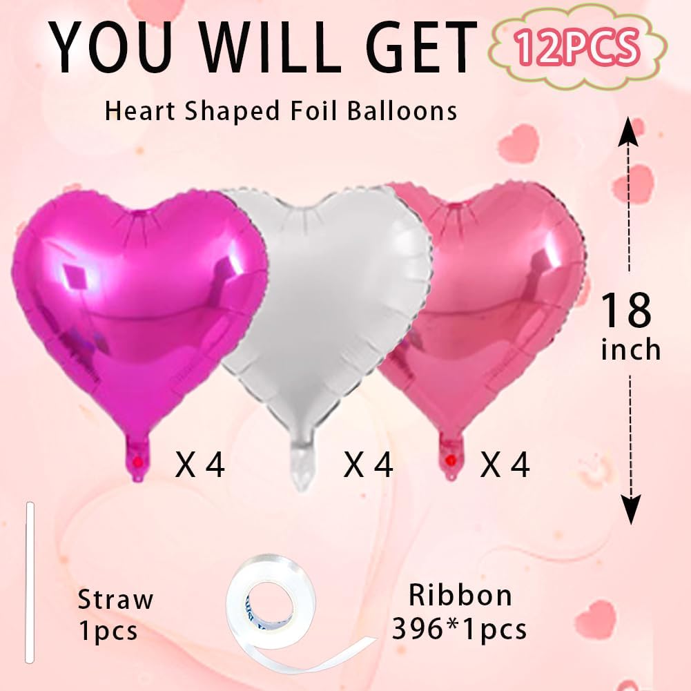 Rose Heart Balloons,18inch Bright Pink Heart Shaped Foil Balloons & White Helium Mylar Balloon for