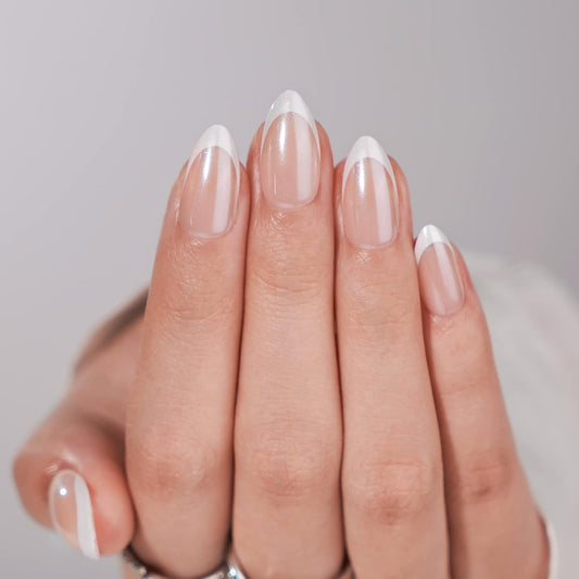 French Tip Press On Nails - BTArtbox White Almond Medium Reusable Stick On Nails in 15 Sizes - 30