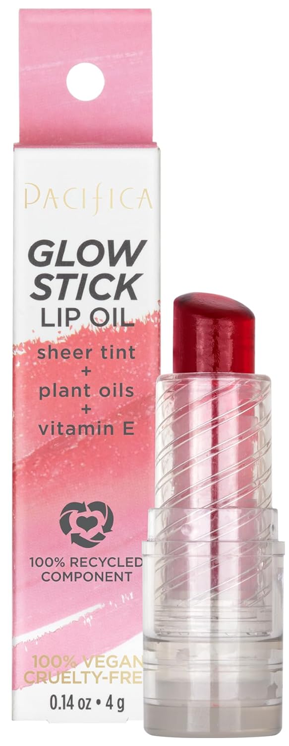 Pacifica Glow Stick Lip Oil Rosy Glow Sheer Rose Hydrating Lip Tint Balm, Moisturizing Glossy Oil