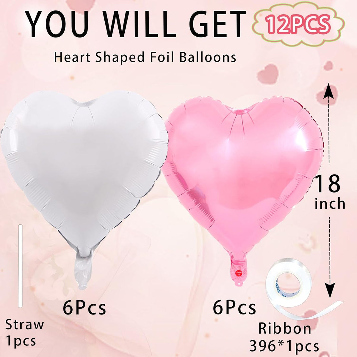 White-Pink Heart Balloons,18inch Bright Pink Heart Shaped Foil Balloons & Snowy White Helium Mylar