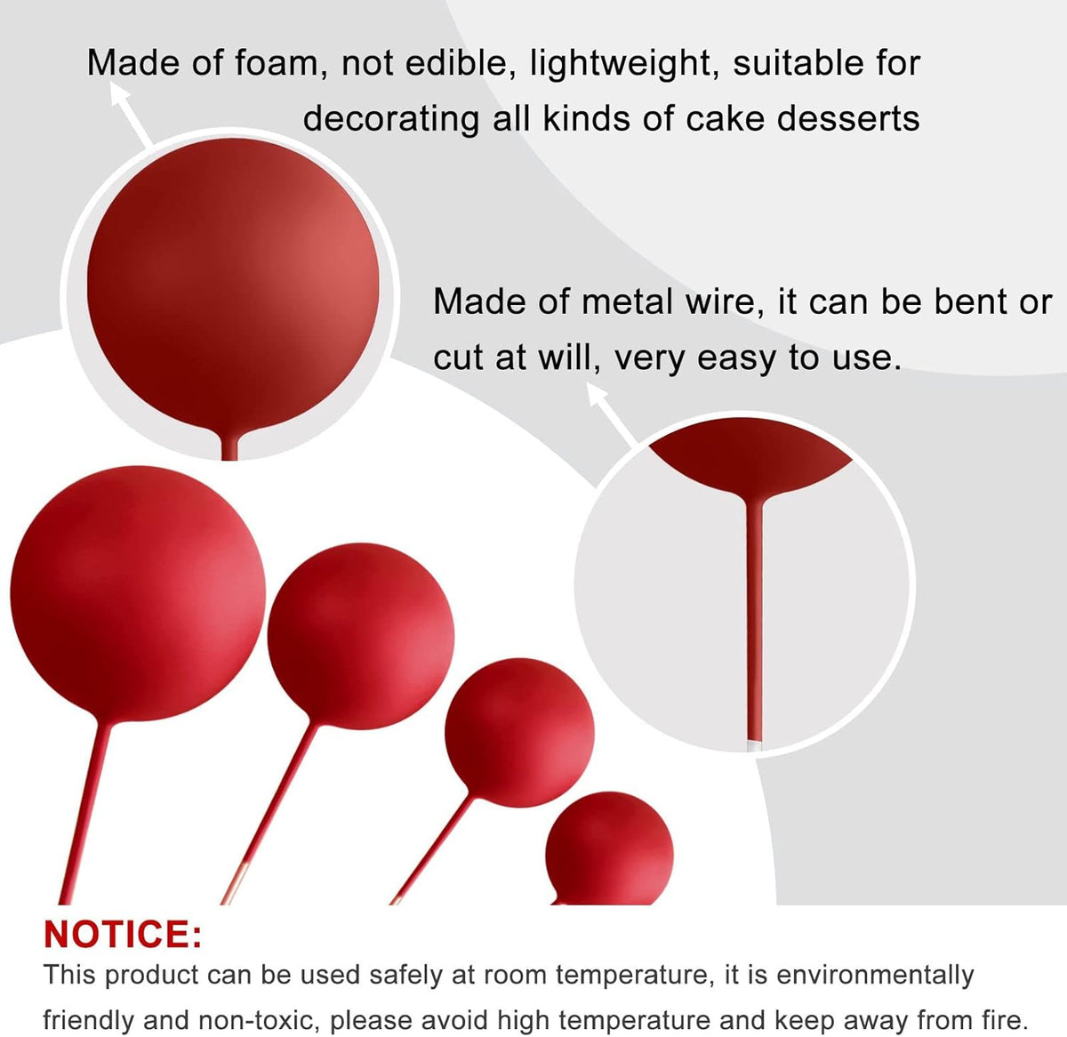 ASTARON 20 Pcs Ball Cake Topper Decorations Mini Balloons Cake Topper Sticks Red Balls Cake Picks