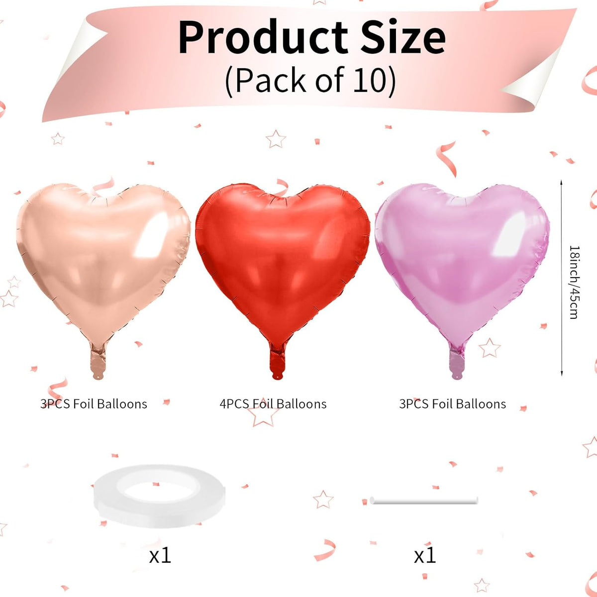 Rose Gold & Pink Heart Balloons - 10 Pcs 18 Inch Foil Heart Shaped Balloons for Girls Women - Red