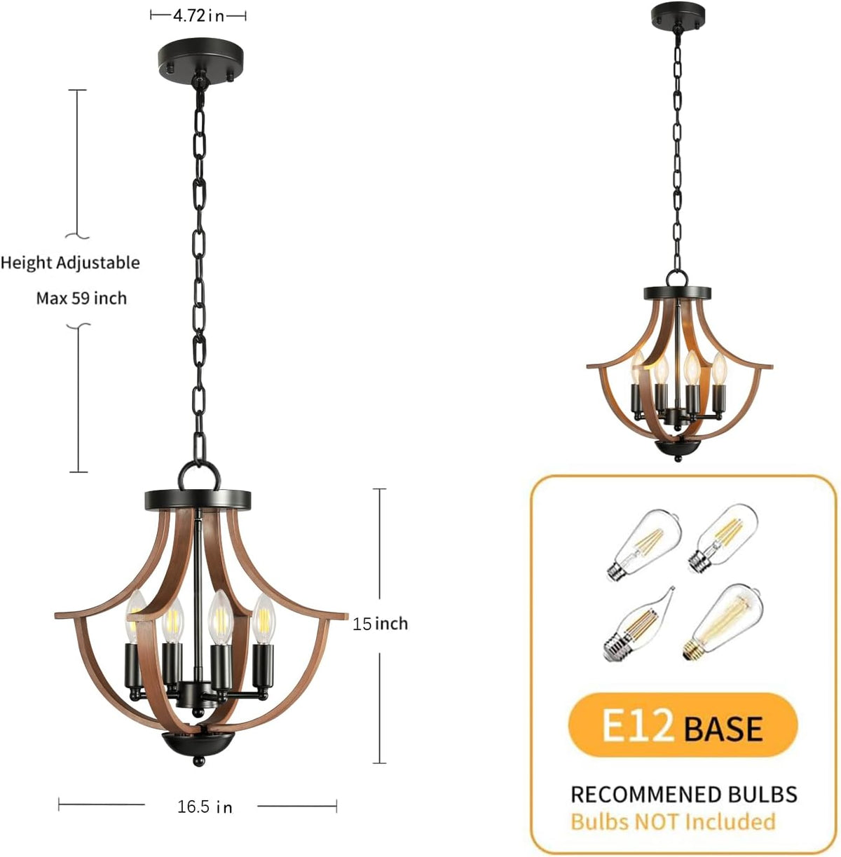 Farmhouse Chandelier,4-Light Modern Hanging Pendant Lighting,Rustic Vintage Ceiling Chandelier
