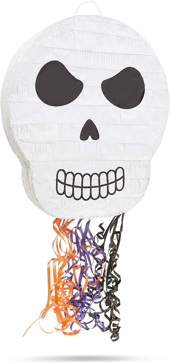 Skull Pinata Pull-String - 13 x 15 x 3 in, Multicolor Paper, Skeleton Style - Halloween Skeleton