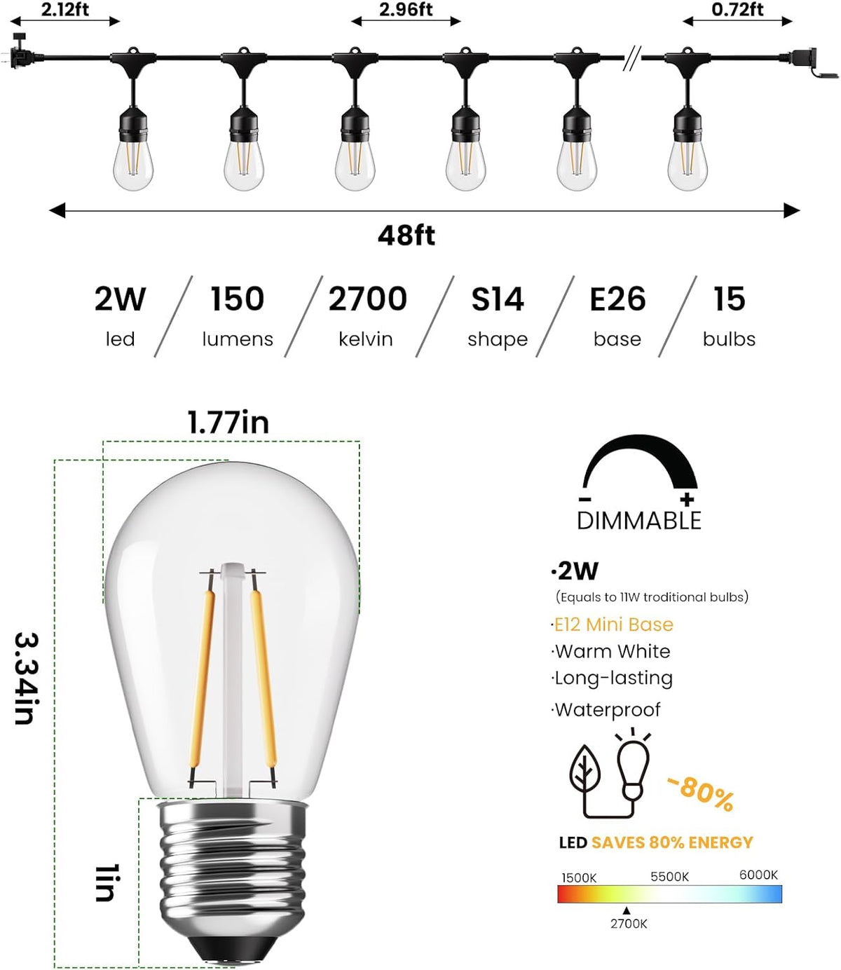 Svater 96 FT Outdoor String Lights 2W, Patio Light for Outside with 32 Antique S14 Plastic LED