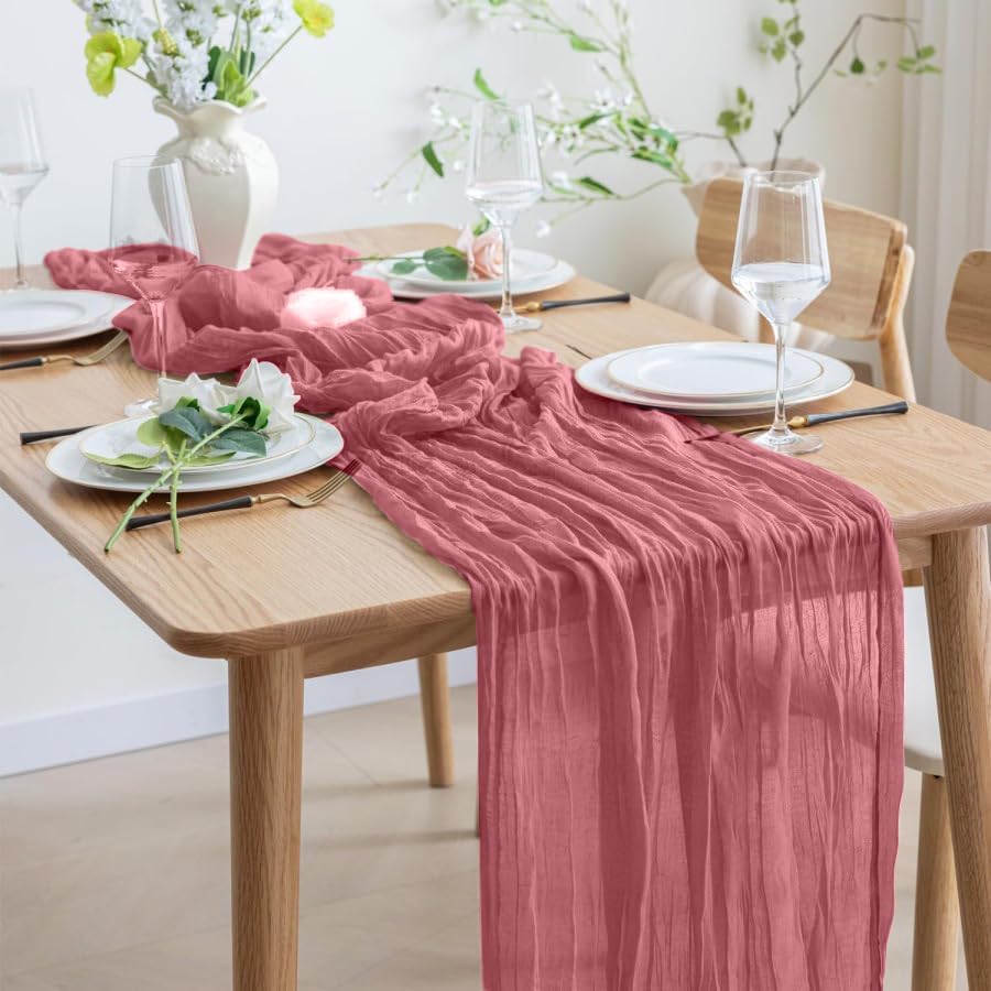 8 Pack 10Ft Table Runner 35x120 inch Dusty Rose Boho Gauze Table Cheese Cloth Long Wrinkled Sheer
