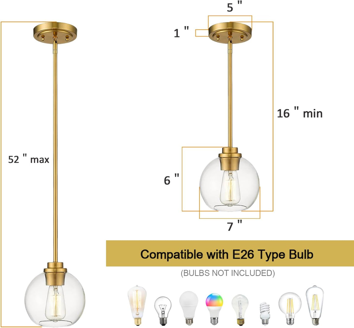 Globe Pendant Lights Kitchen Island, Farmhouse Gold Pendant Light with Clear Glass Globe Shade