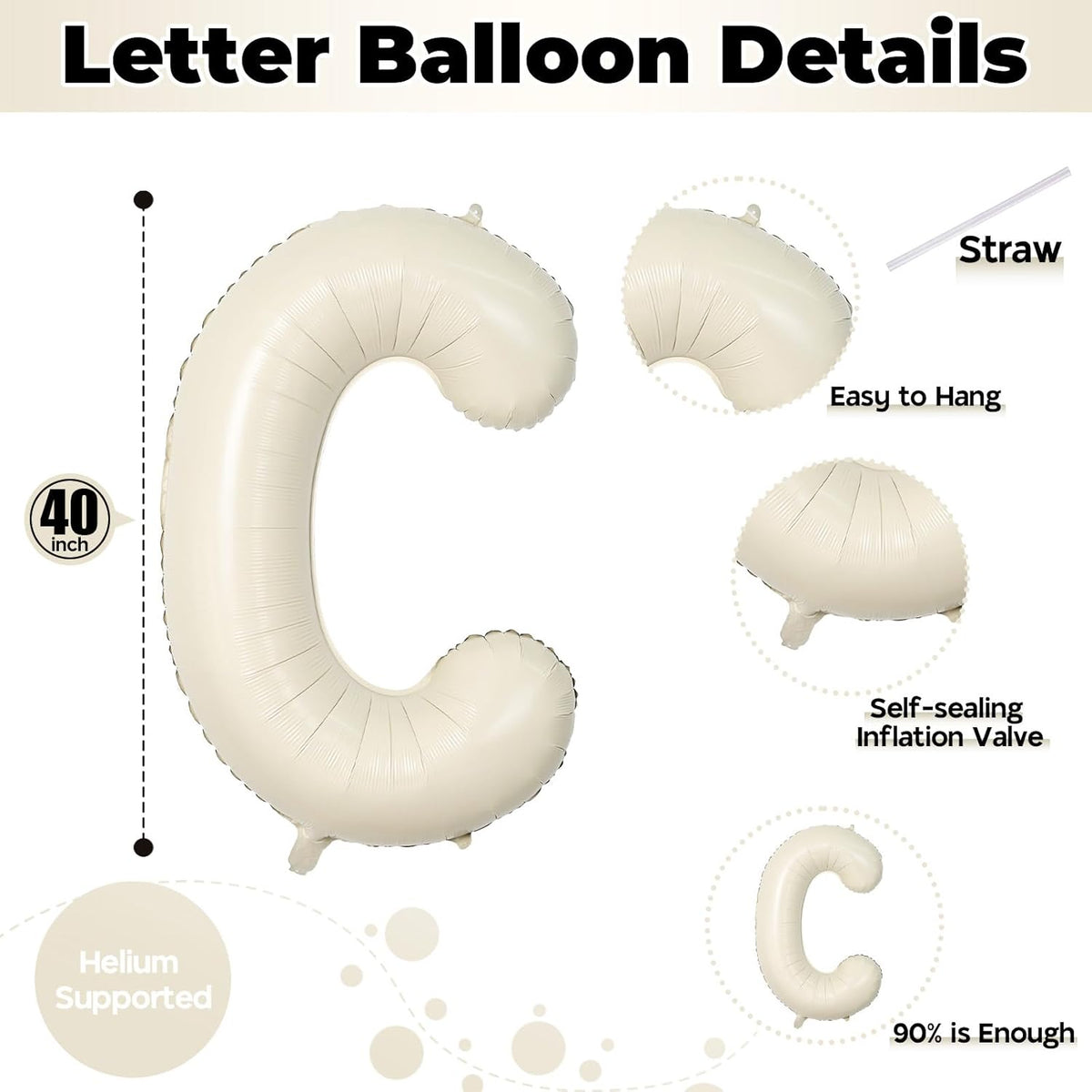 Giant Alphabet C Foil Balloons, Nude Cream White Custom Mylar Letters Balloon Birthday Decor, 40