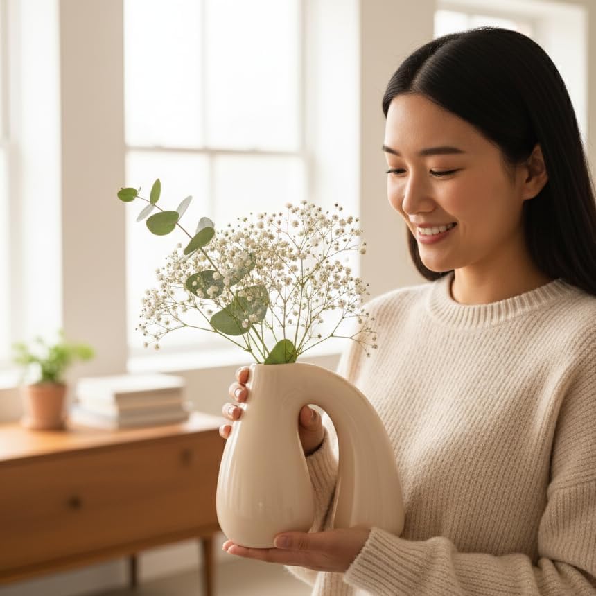 White (Ivory) Ceramic Vase – Glossy Modern Sculptural Décor, Arch Handle Artistic Design, Premium