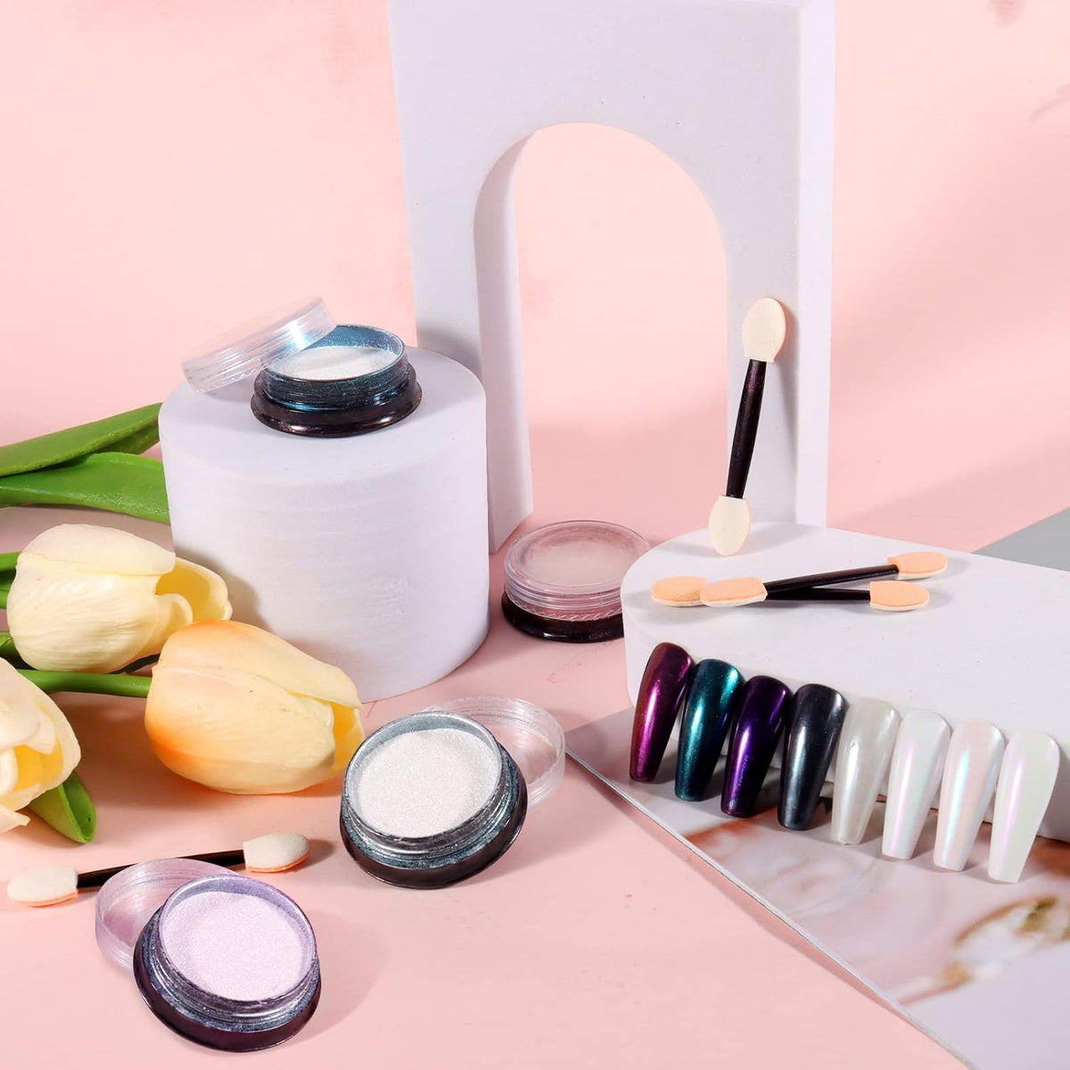 Allstarry Chrome Nail Powder 4 Colors Iridescent Aurora Powder Metallic Mirror Effect Pigment