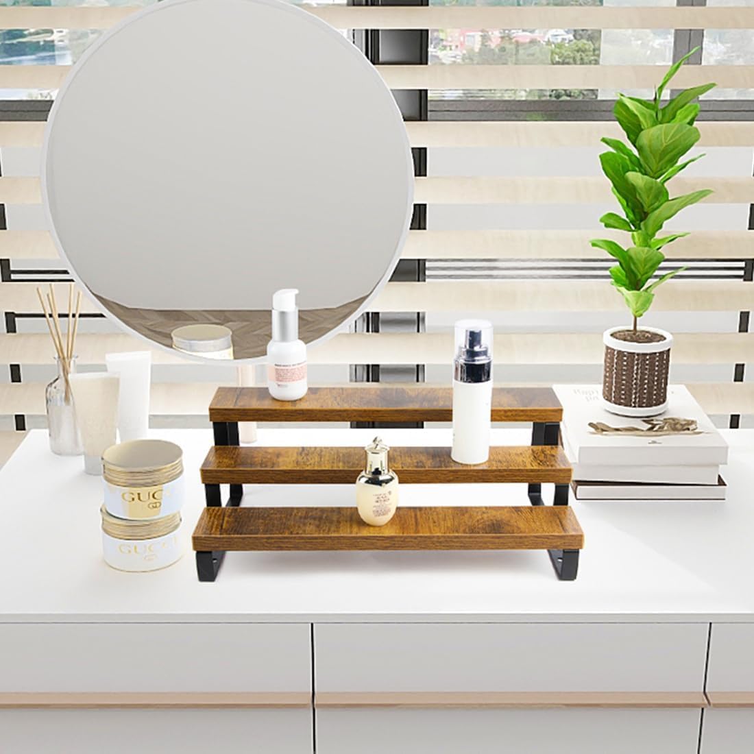 4-Tier Wooden Display Riser Shelf Stand for, Makeup, Cupcake, Condiment & Dolls Collection Home