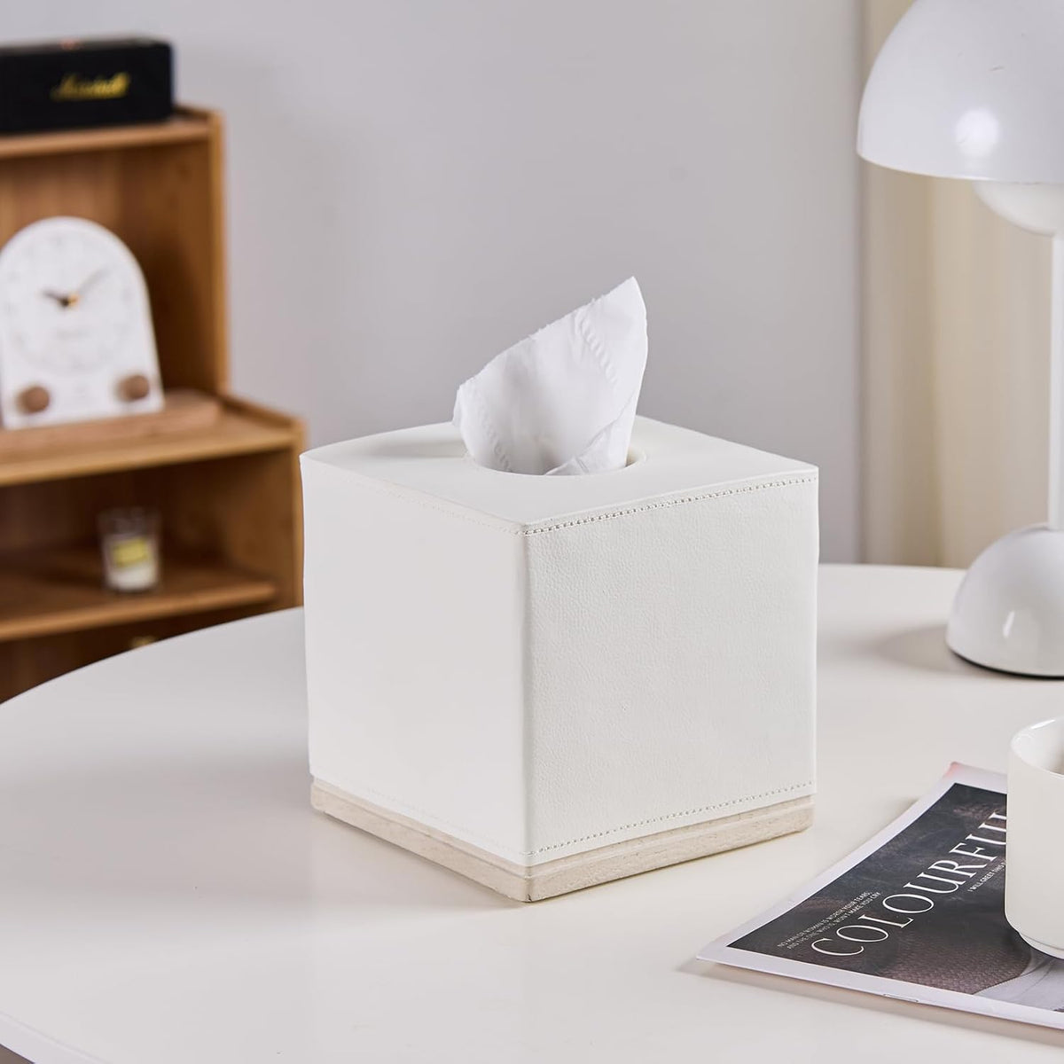 Tissue Box Cover Square Resin Tissue Holder for Home Decor,Hand Carved Beige Leather Cube Tissue