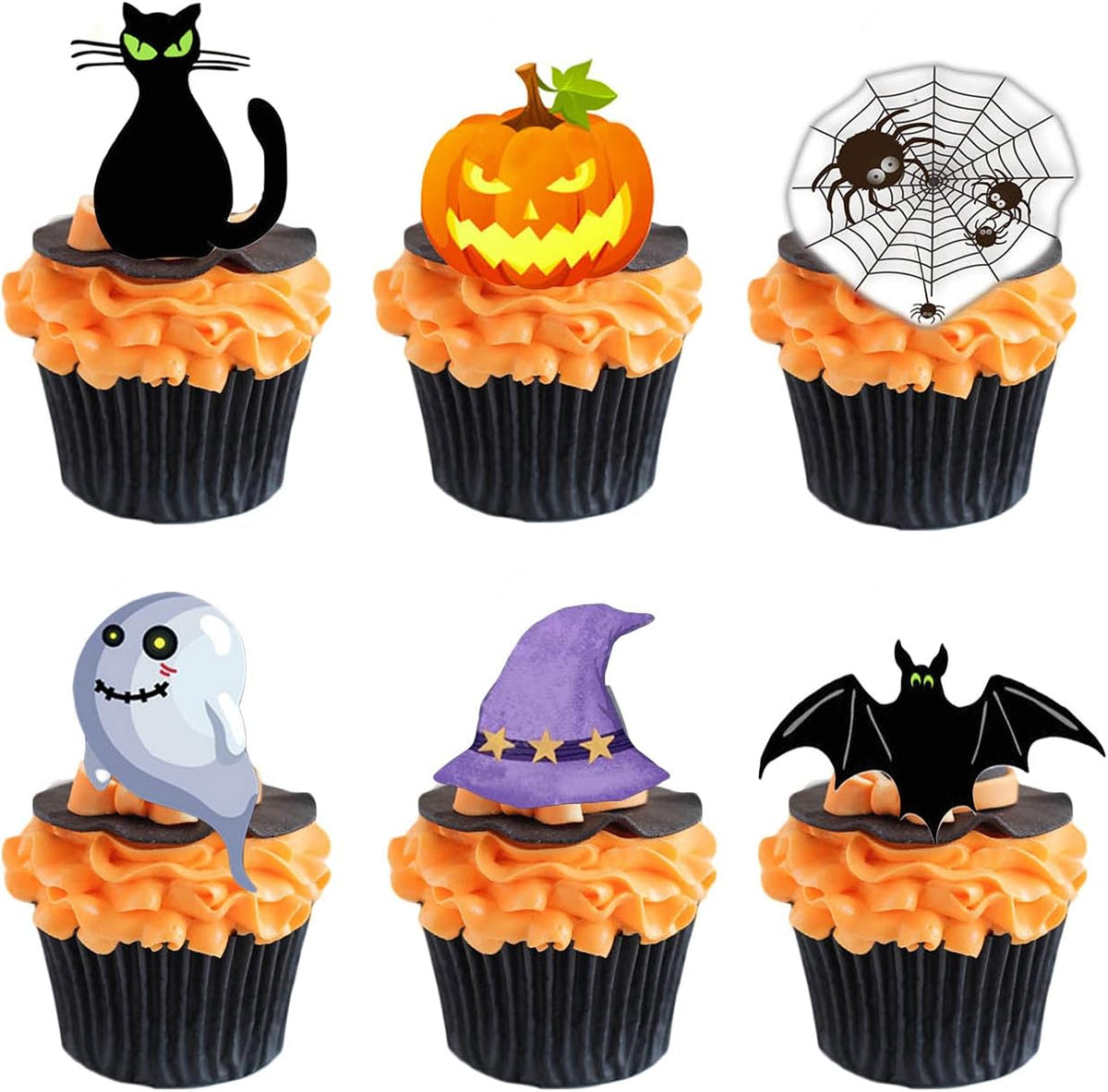 Halloween Edible Cupcake Toppers Pumpkin Ghost Bat Black Cat - Pre-cut Wafer Paper Cake