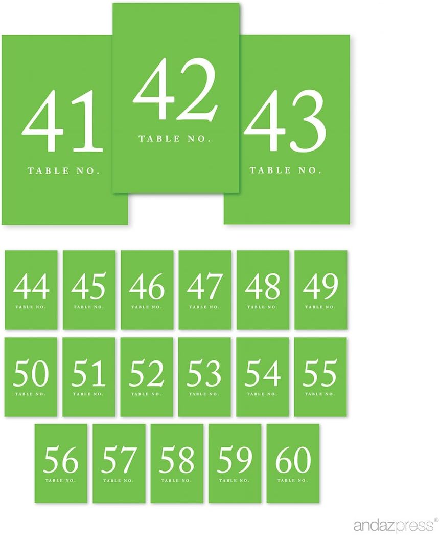 Andaz Press Kiwi Green Wedding Table Numbers 41-60, 4x6-Inches Table Number Cards For Wedding