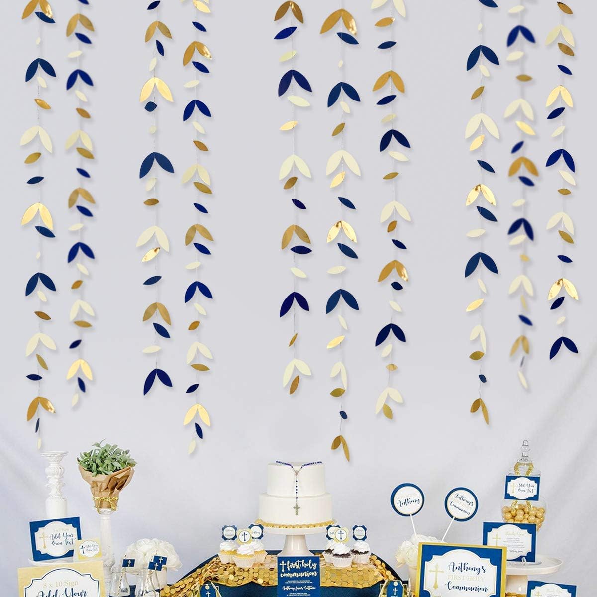 52 Ft Navy Blue Gold Party Decorations Royal Blue Gold Leaf Garland Paper Hanging Leaves Streamer