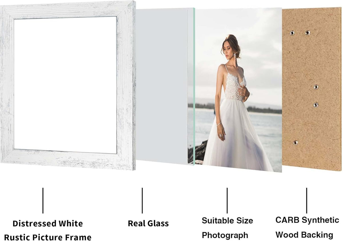 8x10 Picture Frame Set of 4, High Definition Glass Distressed White Frame, 8 x 10 Wood Photo Frames
