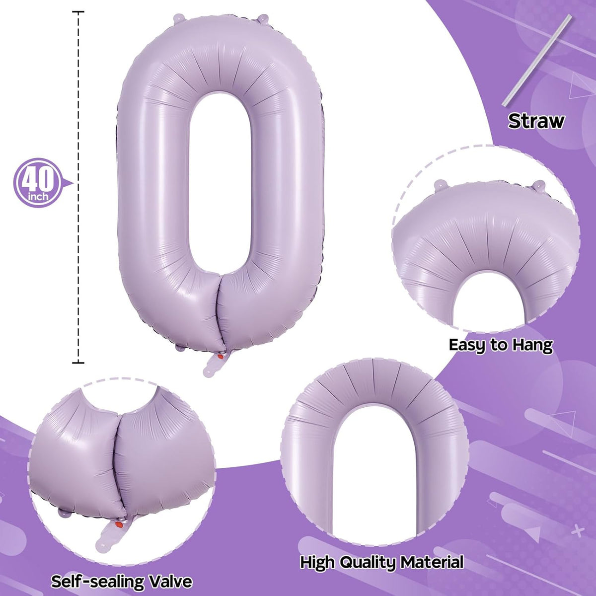 Pastel Purple Number 0 Balloons 40 Inch, Large Lilac Number Balloons 0-9 Set, Light Purple 0 Mylar