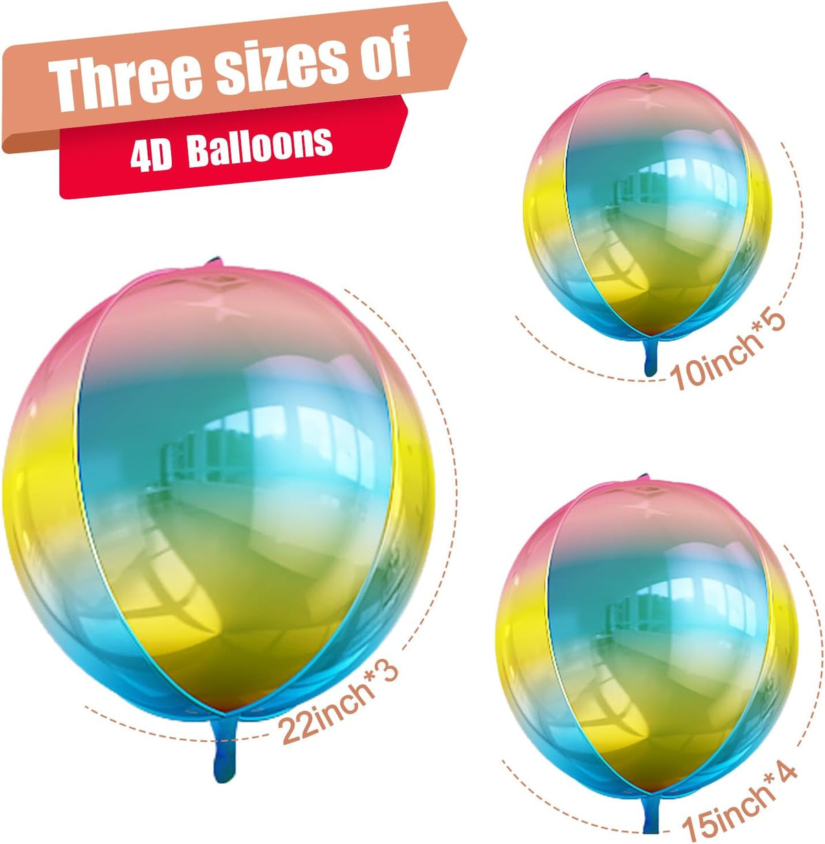 12Pcs Gradient Color Round Foil Balloons, 22" 15" 10" Rainbow Helium Ball Balloon, Metallic