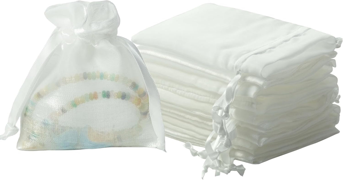 QIANF 20 Pcs White Small Organza Bags 3X4 inch for Wedding Favors with Drawstring, Mini Mesh Gift