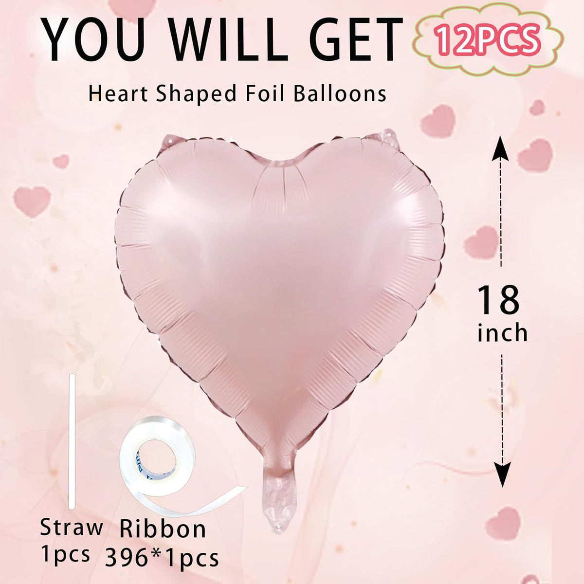 Pink Heart Ballloons,18 Inch Pastel Pink Foil Love Heart Shaped Balloons 12Pcs Baby Pink love