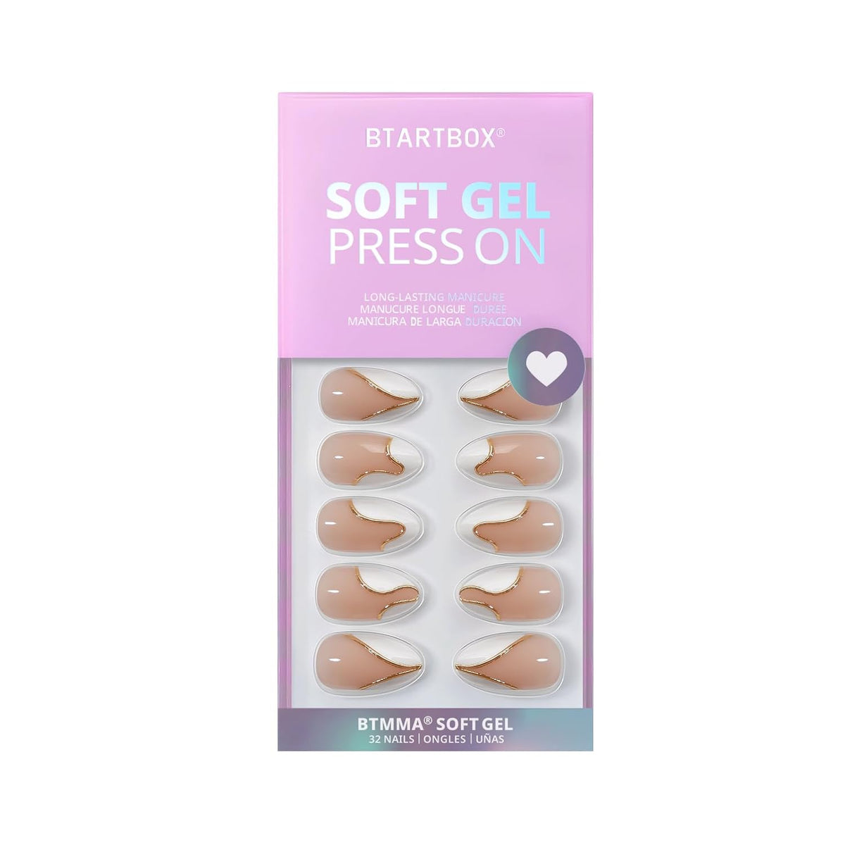 BTArtbox Press On Nails Almond - Designed White French Tip Press On Nails Short with Gold Foil