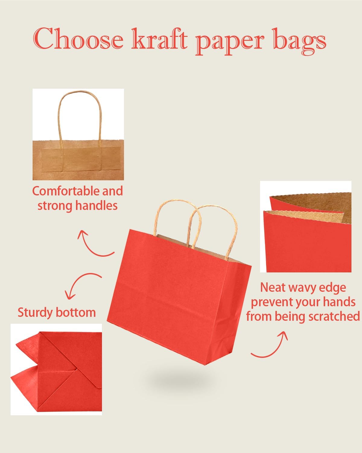 qiqee 100PCS Large Gift Bag with Handles Bulk 13"x4.5"x10" Gift Bags Kraft Red Multiple Uses
