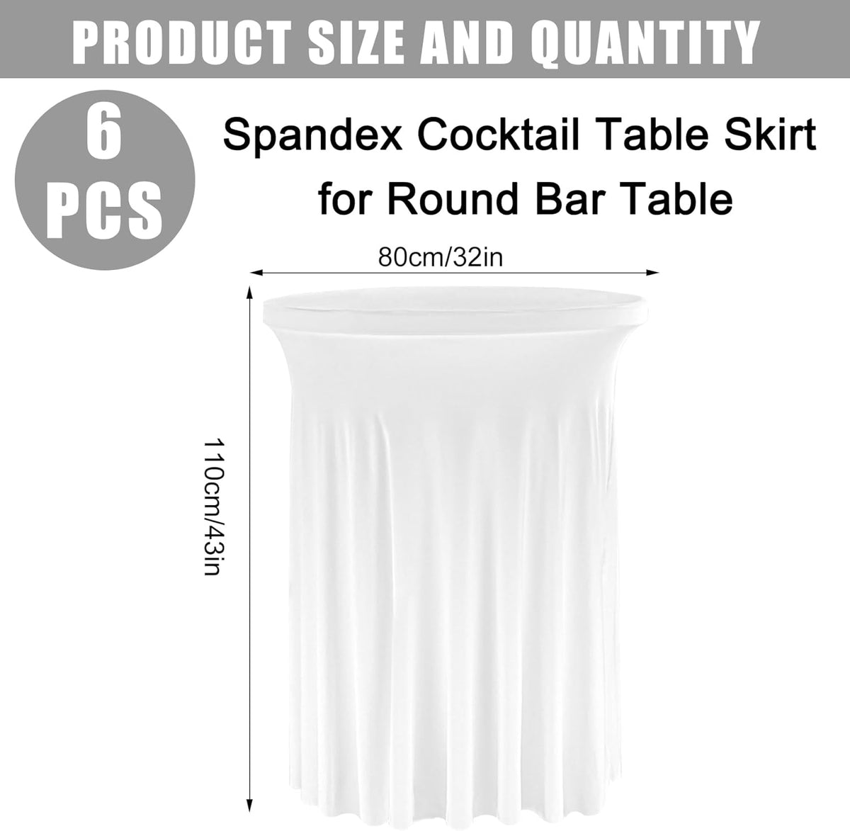 6 Pack Round Cocktail Tablecloth 32"x 43" Spandex Cocktail Table Skirt, Washable Stretch Fitted