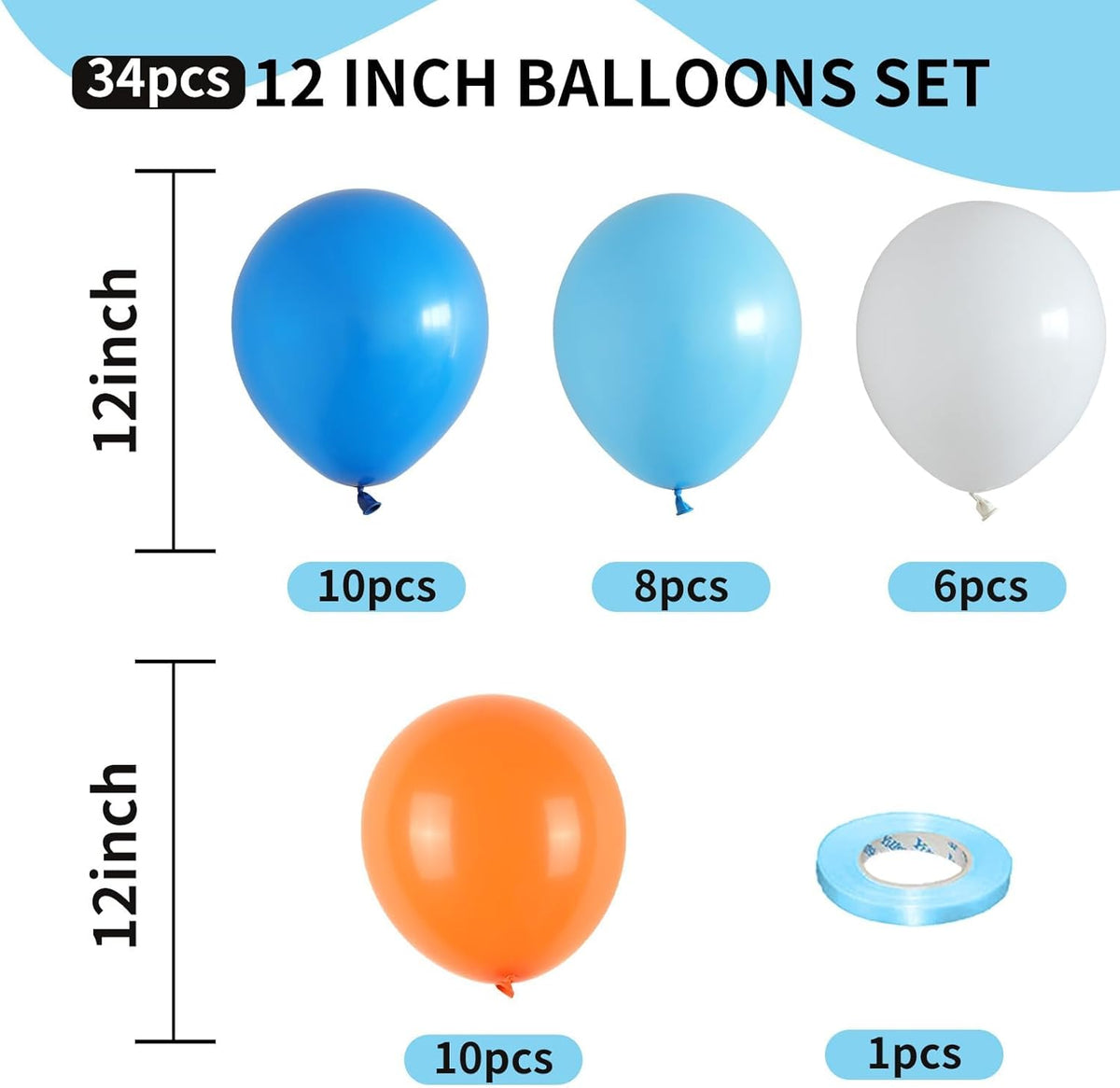 12 Inch Latex Balloons - Orange, Blue, White - Party Pack for Kids Birthday, Baby Shower, Outer