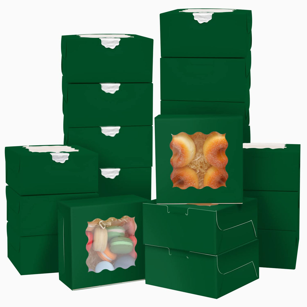 Bakepacker 60pcs Deep Green Bakery Boxes with Window 6x6x3 inches Thick & Sturdy Macaroon Pastry