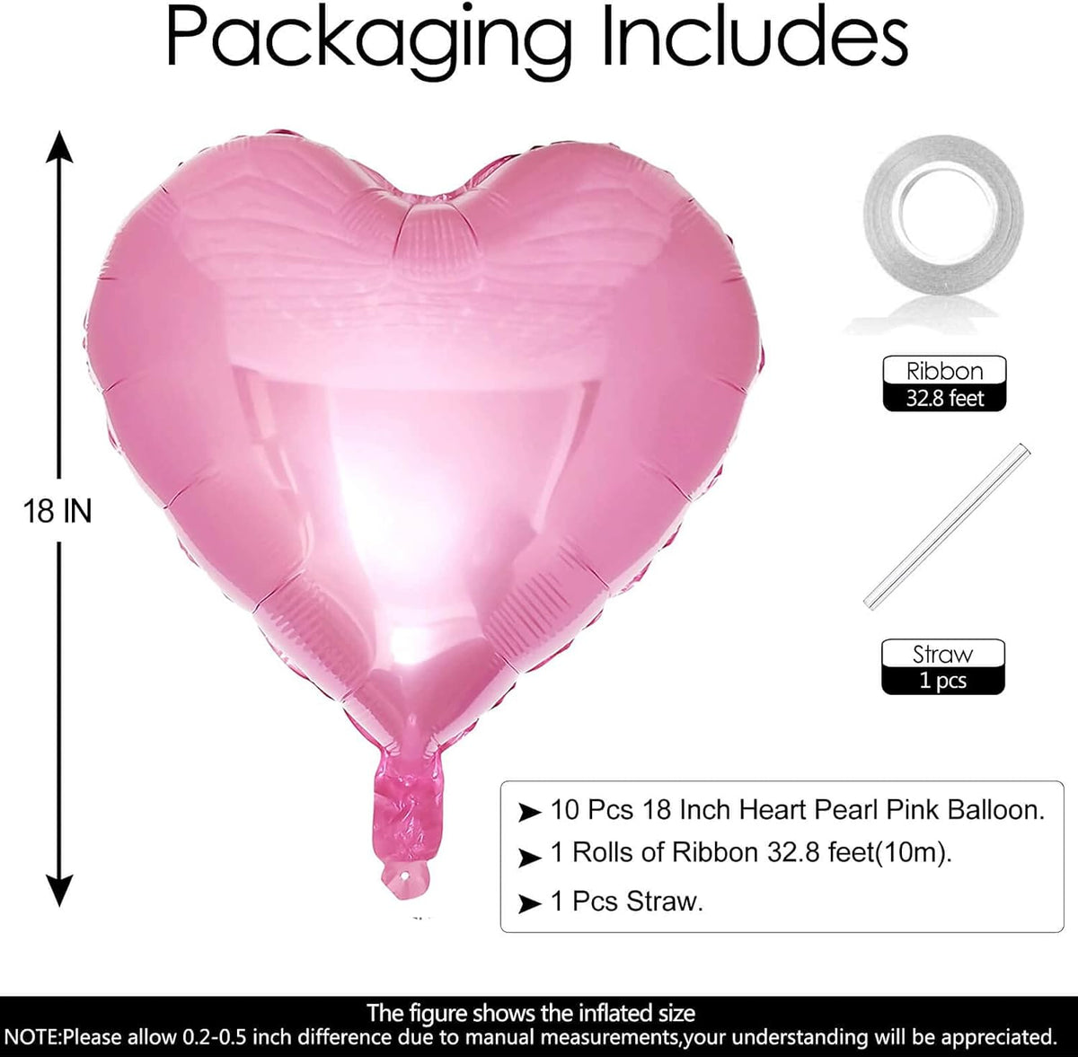 10Pcs Pearl Pink Foil Heart Shaped Balloons 18 Inch Mylar for Baby Shower, Wedding, Valentine