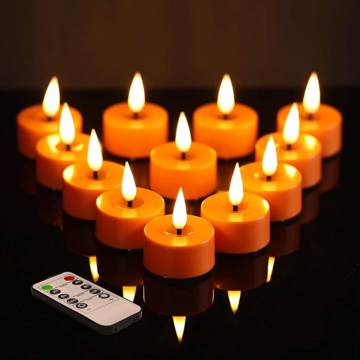 Eywamage Orange LED Tealights with Remote Batteries, Flickering Fall Halloween Flameless Tea Lights