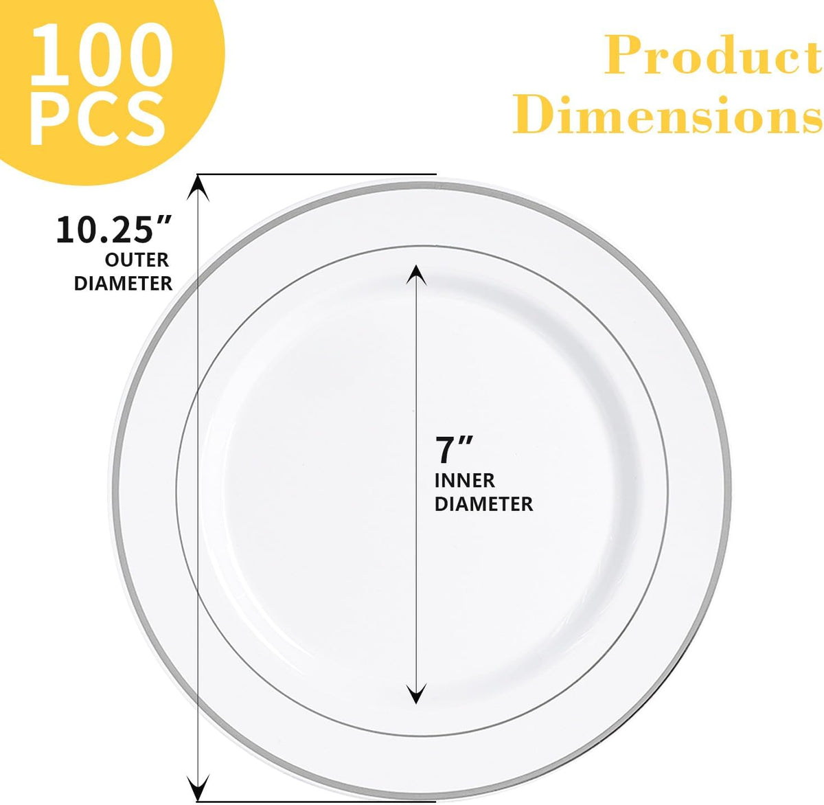 N9R 100PCS Silver Plastic Plates, 10.25 inch White Disposable Dinner Plate with Silver Rim, Heavy