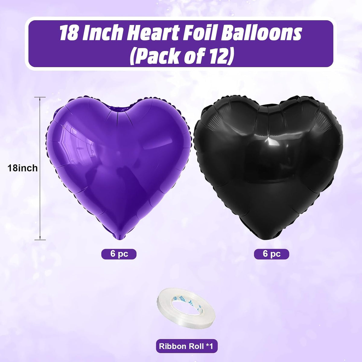Purple Black Heart Balloons, 18 Inch Purple and Black Heart Foil Shape Balloon, 12PCS Large Love